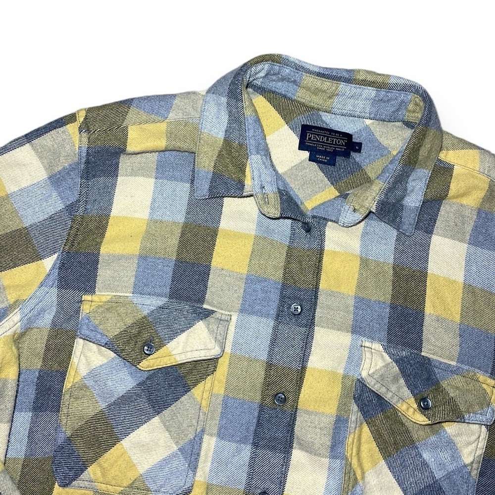 Pendleton Flannel Button Down Womens L Yellow Blue Plaid Excellent Elbow Patches